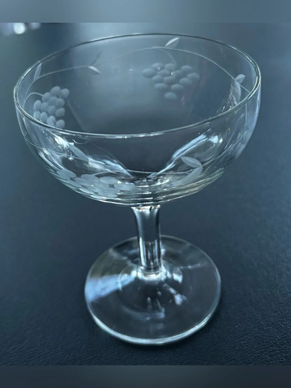 Vintage Etched Crystal Champagne Coupe Glass - Grape & Vine Motif